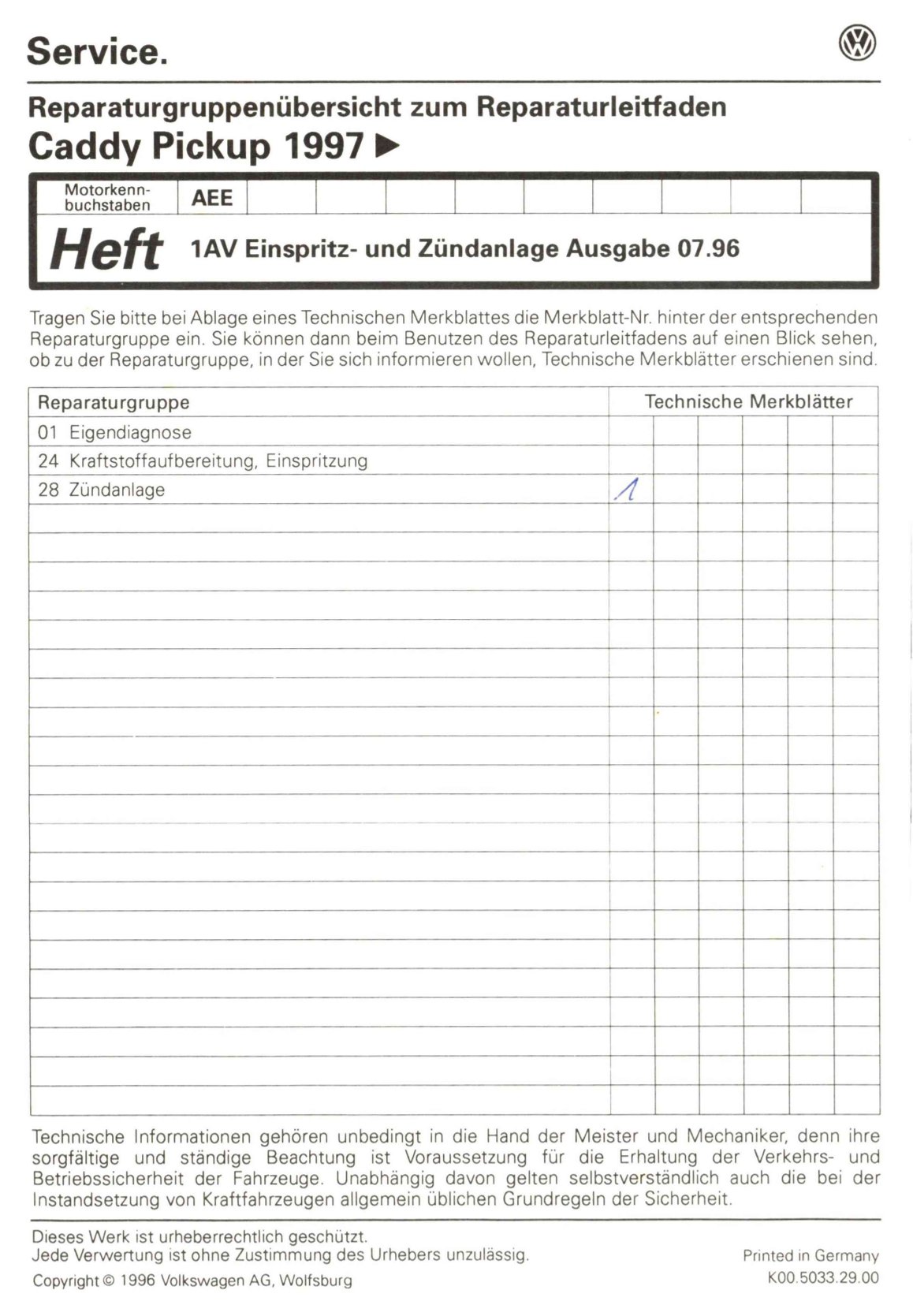 VW Caddy Pickup 9U 1996-2000 1AV Einspritz- Zündanlage 75 PS Reparaturanleitung