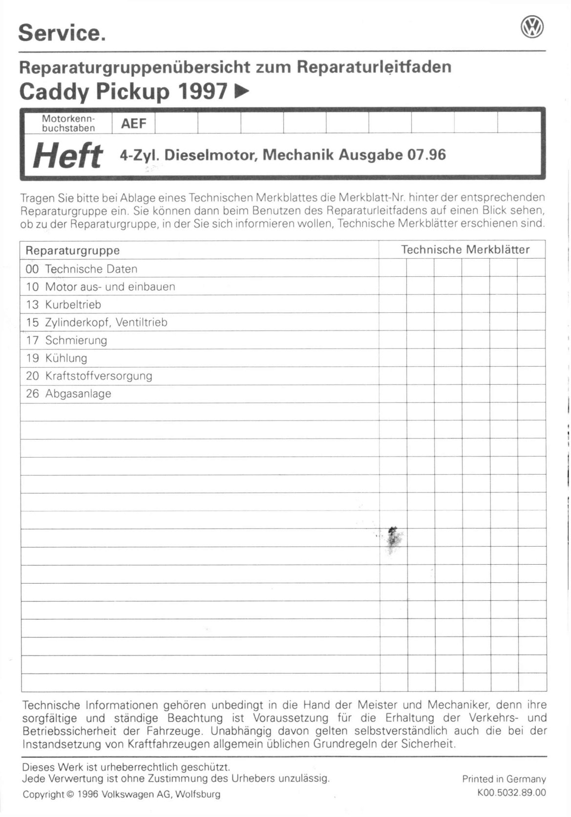 VW Caddy Pickup Typ 9U 1996-2000 Dieselmotor Mechanik 64 PS Reparaturanleitung