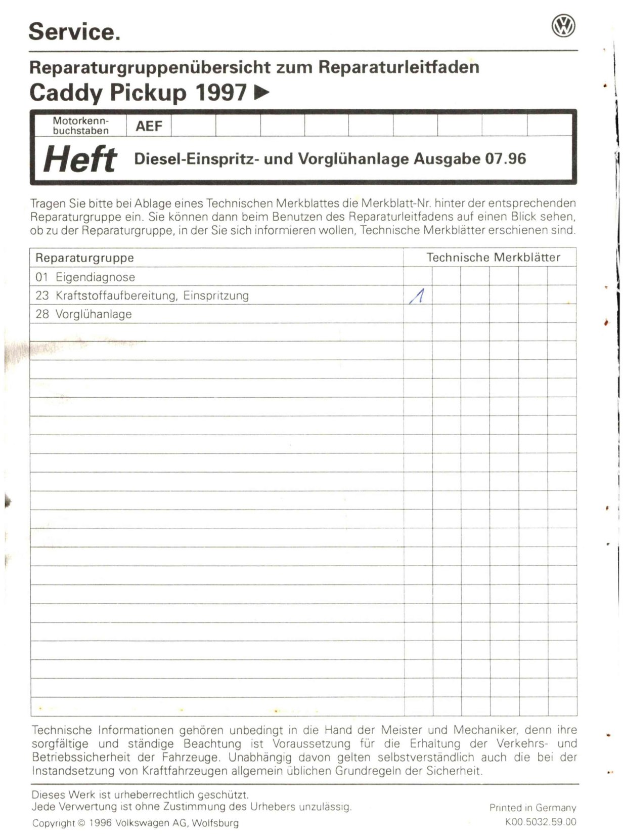 VW Caddy Pickup 9U 1996-2000 Diesel Einspritz- Vorglühanlage Reparaturanleitung