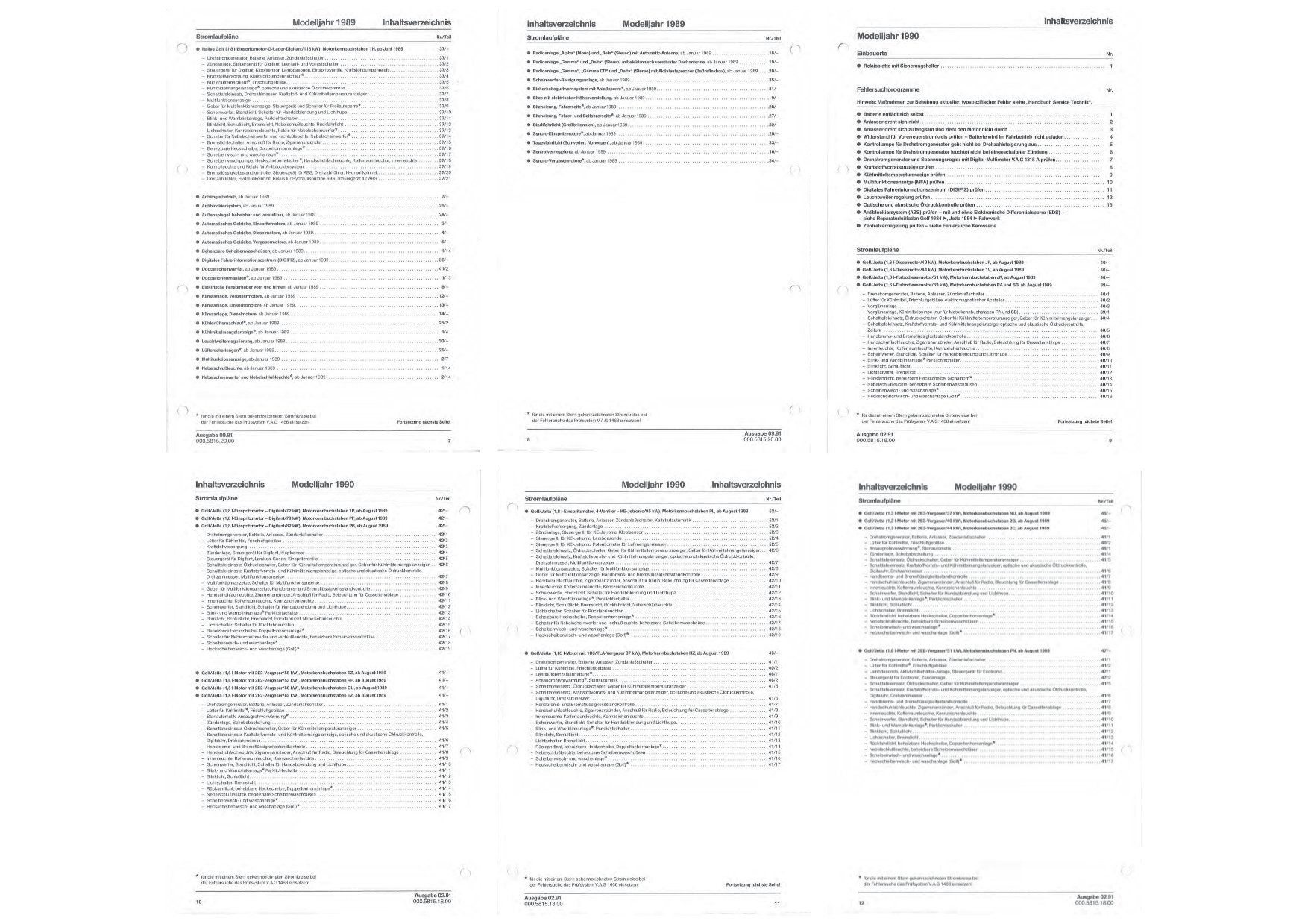 VW Golf 2 Typ 19 1989-1992 Schaltplan Stromlaufplan Verkabelung Elektrik Pläne