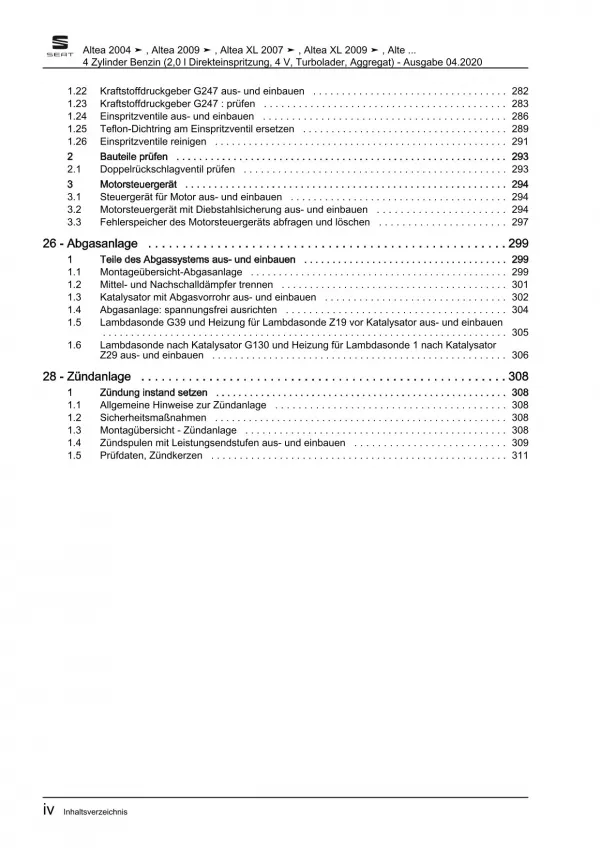 Seat Altea Typ 5P 2004-2015 Benzinmotor 2,0l 200-265 PS Reparaturanleitung eBook