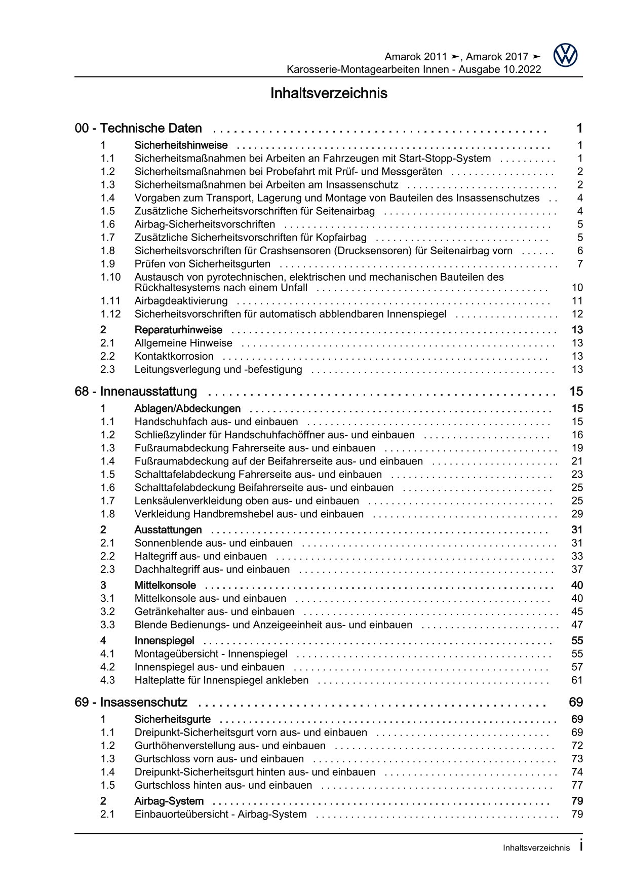 VW Amarok 2H 2010-2016 Karosserie Montagearbeiten Innen Reparaturanleitung eBook