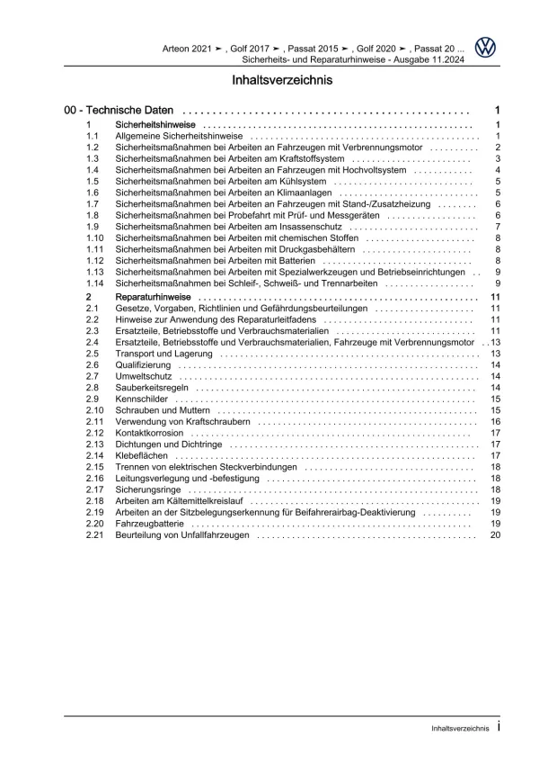 VW Arteon 3H 2020-2024 Sicherheits- Reparaturhinweise Reparaturanleitung eBook