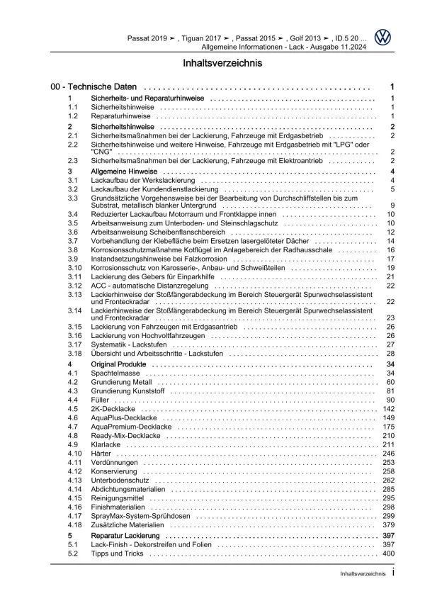 VW Arteon Typ 3H 2020-2024 Allgemeine Information Lack Reparaturanleitung eBook