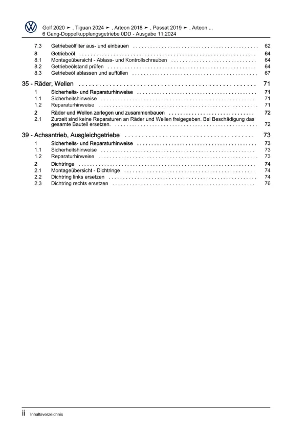 VW Arteon 3H 2020-2024 6 Gang Automatikgetriebe DKG 0DD Reparaturanleitung eBook