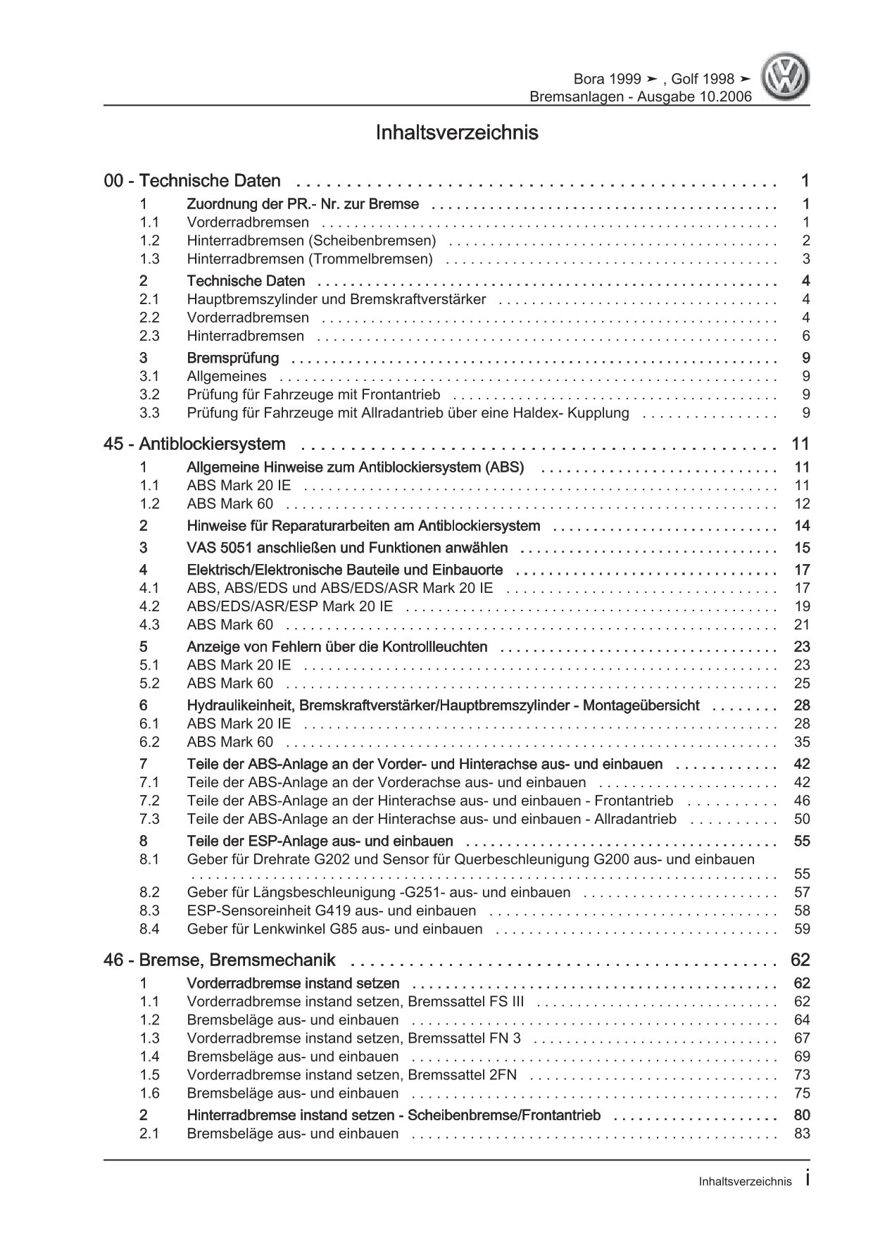 VW Bora Typ 1J 1998-2005 Bremsanlagen Bremsen System Reparaturanleitung eBook