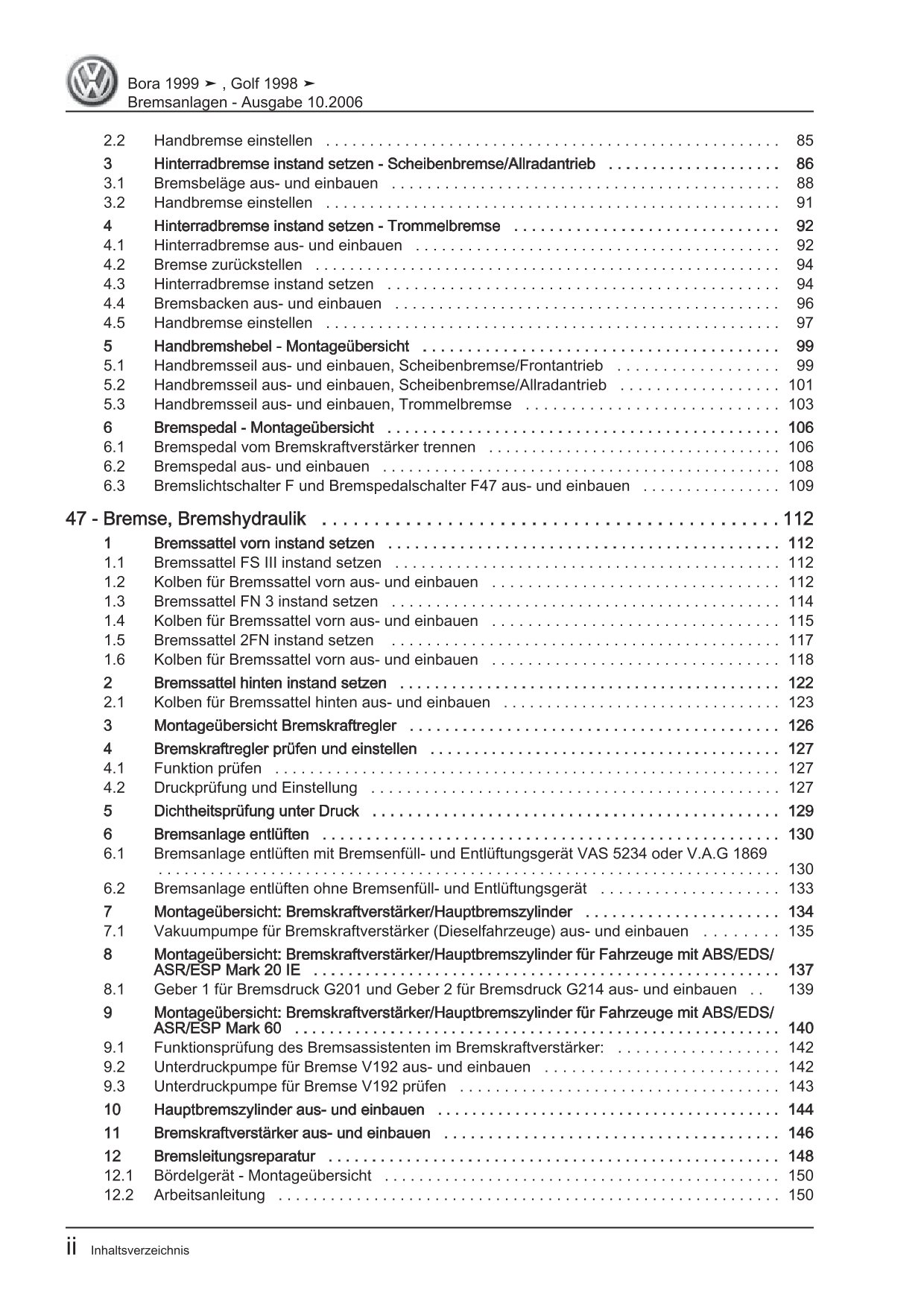 VW Bora Typ 1J 1998-2005 Bremsanlagen Bremsen System Reparaturanleitung eBook