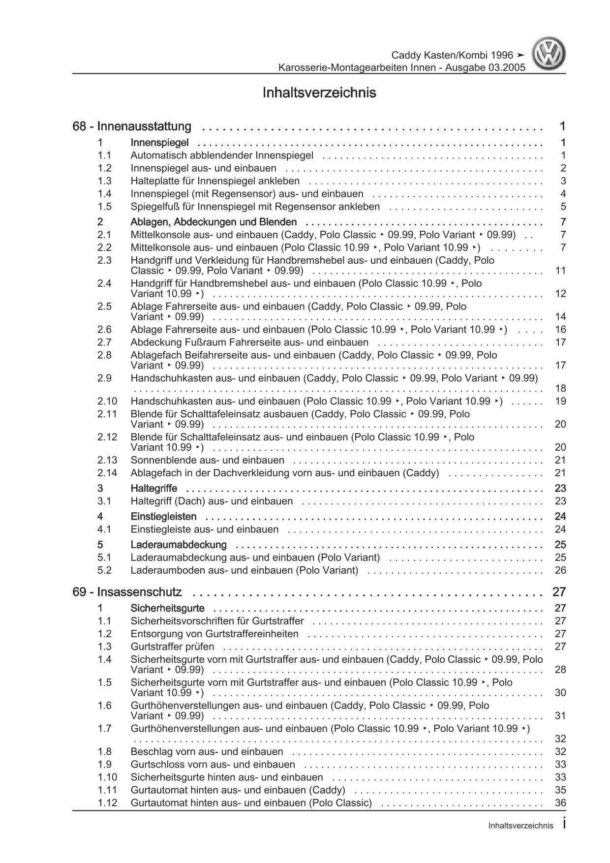 VW Caddy 9K 1995-2003 Karosserie Montagearbeiten Innen Reparaturanleitung eBook