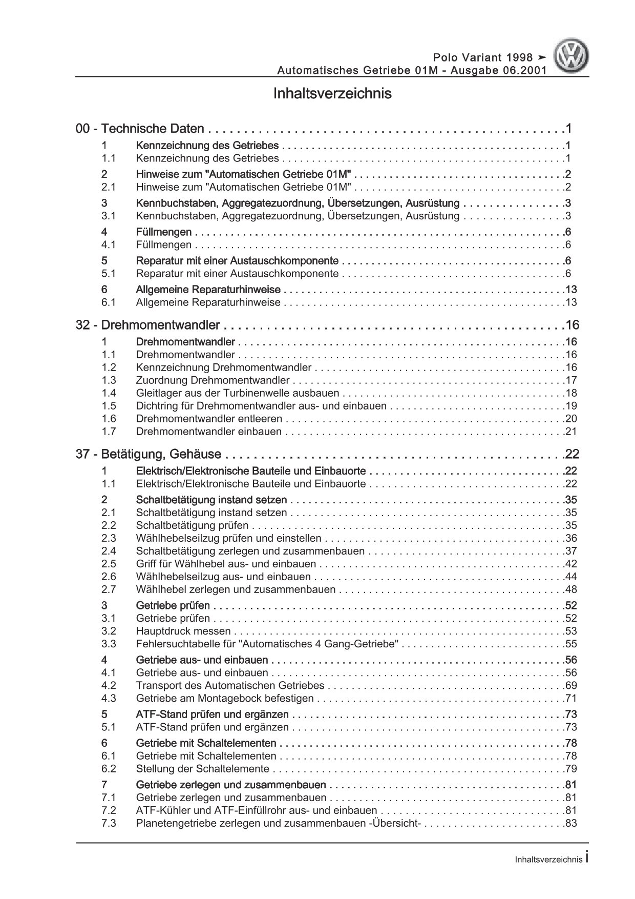VW Caddy Typ 9K 1995-2003 4 Gang Automatikgetriebe 01M Reparaturanleitung eBook