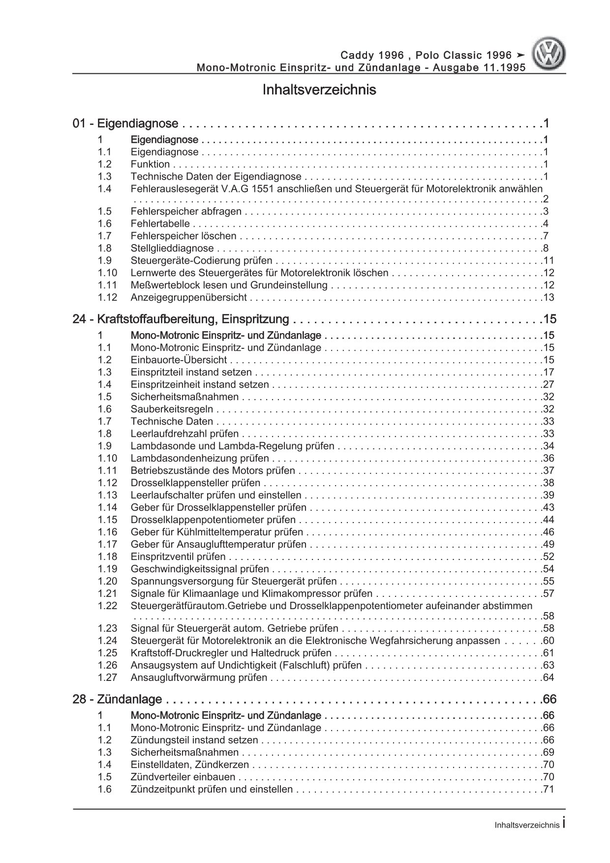 VW Caddy 9K (95-03) Mono-Motronic Einspritz- Zündanlage Reparaturanleitung eBook