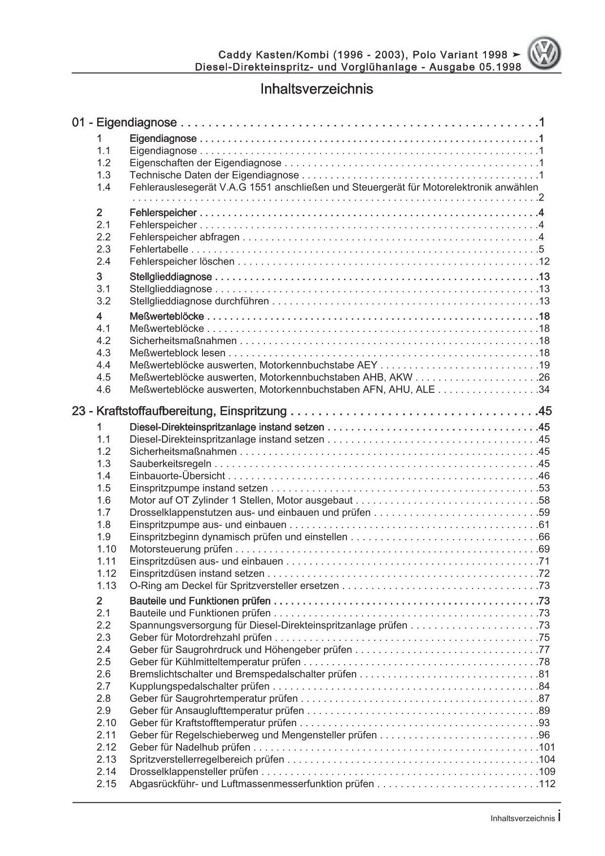 VW Caddy 9K 95-03 4-Zyl. Diesel Einspritz Vorglühanlage Reparaturanleitung eBook