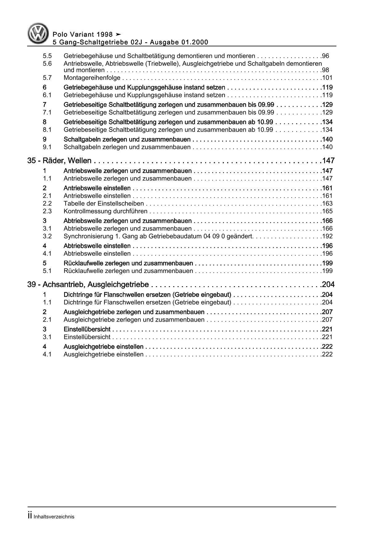 VW Caddy Typ 9K 1995-2003 5 Gang Schaltgetriebe 02J Reparaturanleitung eBook