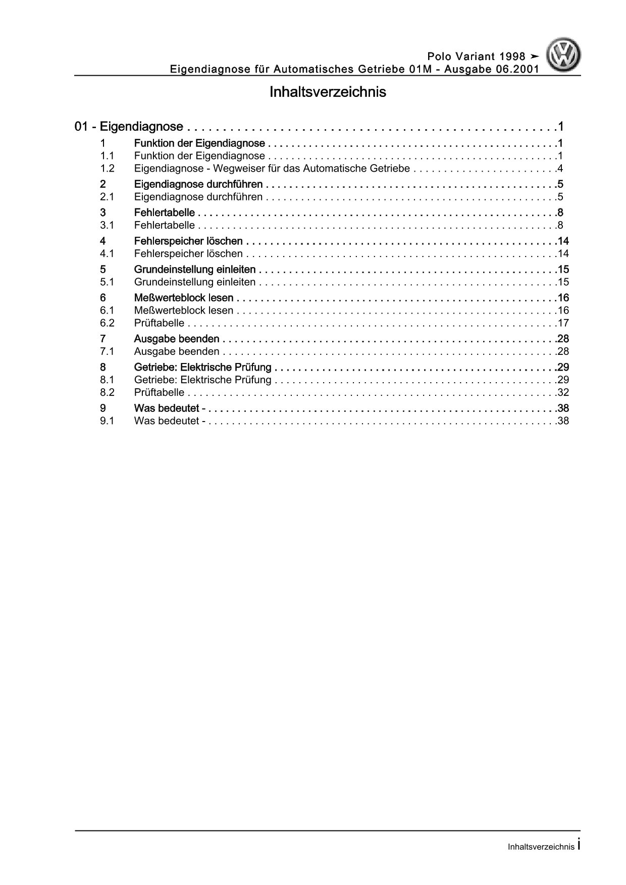 VW Caddy 9K (95-03) Eigendiagnose Automatikgetriebe 01M Reparaturanleitung eBook
