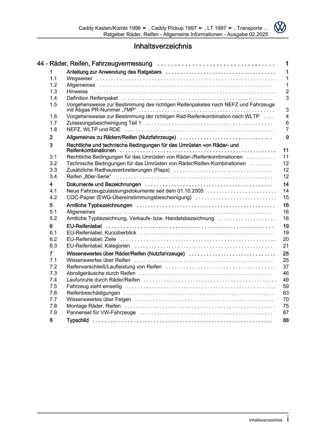 VW Caddy Typ 9K 1995-2003 Räder Reifen Allgemeine Infos Reparaturanleitung eBook