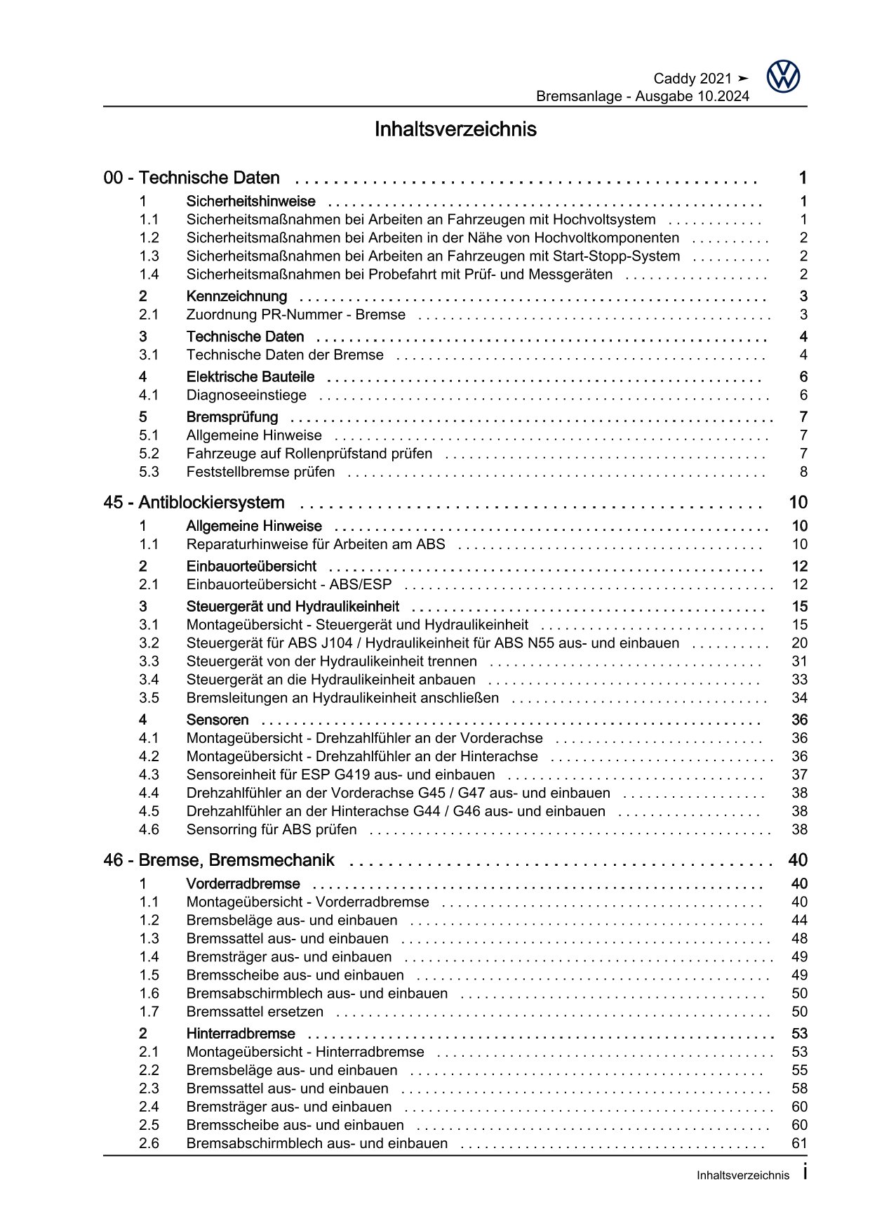 VW Caddy Typ SB ab 2020 Bremsanlage Bremsen System Reparaturanleitung eBook
