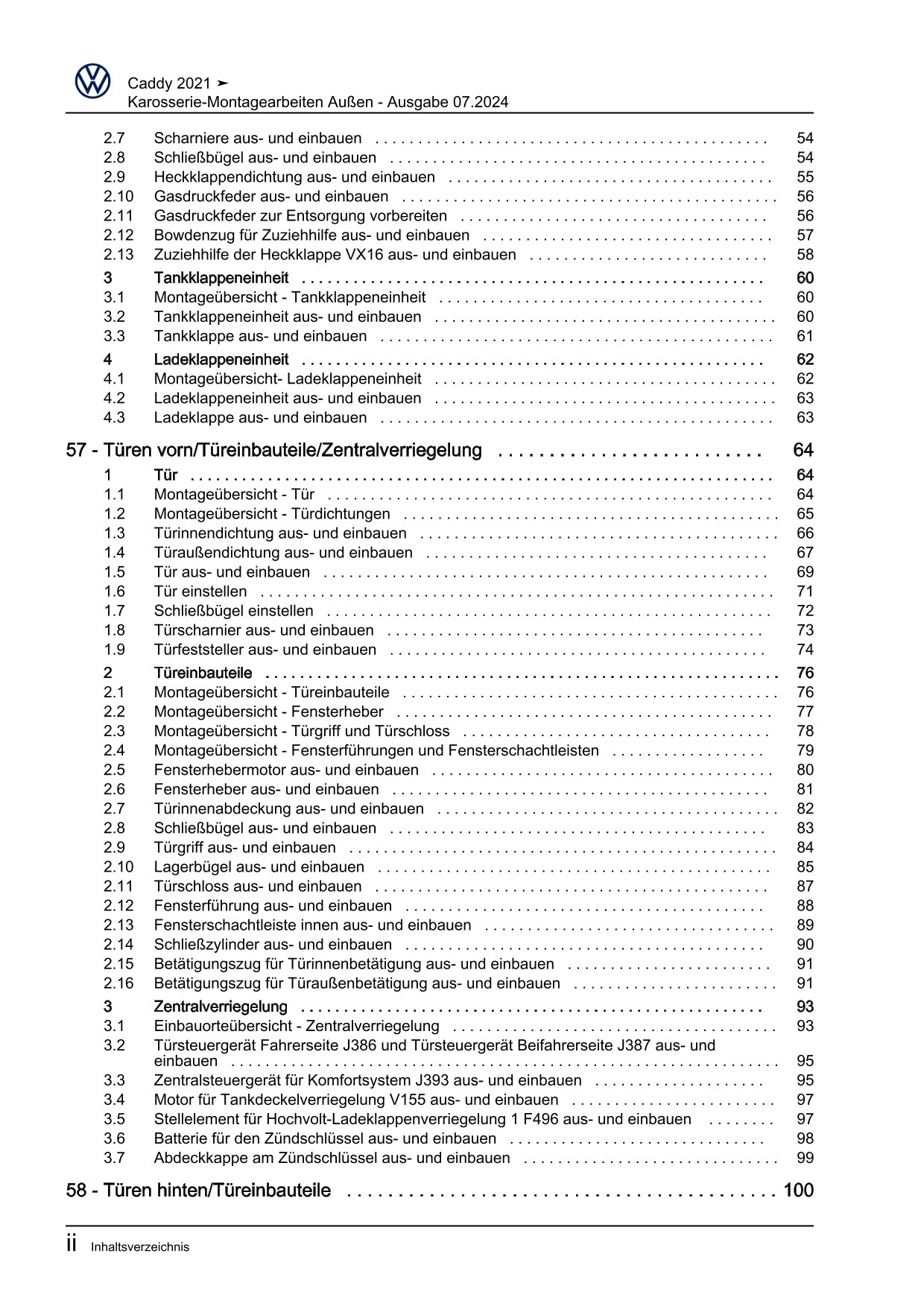 VW Caddy SB ab 2020 Karosserie Montagearbeiten Außen Reparaturanleitung eBook