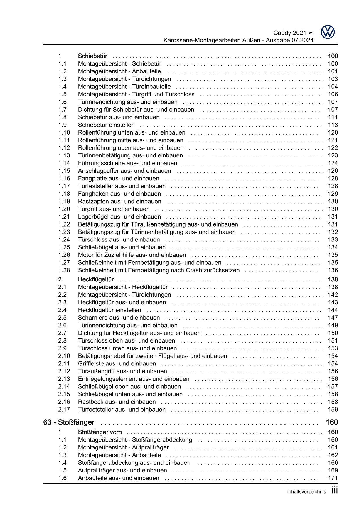 VW Caddy SB ab 2020 Karosserie Montagearbeiten Außen Reparaturanleitung eBook