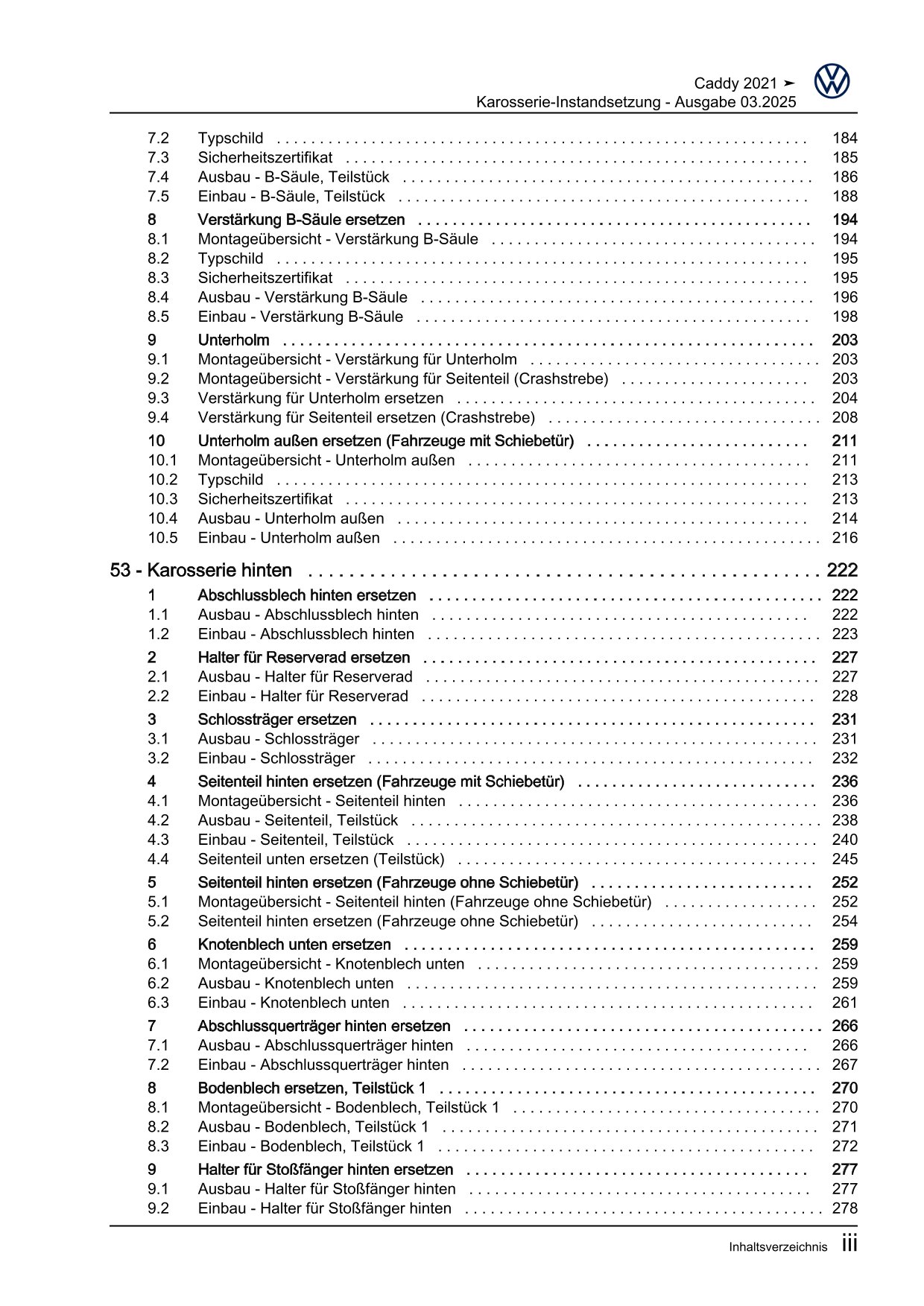 VW Caddy SB ab 2020 Karosserie Unfall Instandsetzung Reparaturanleitung eBook