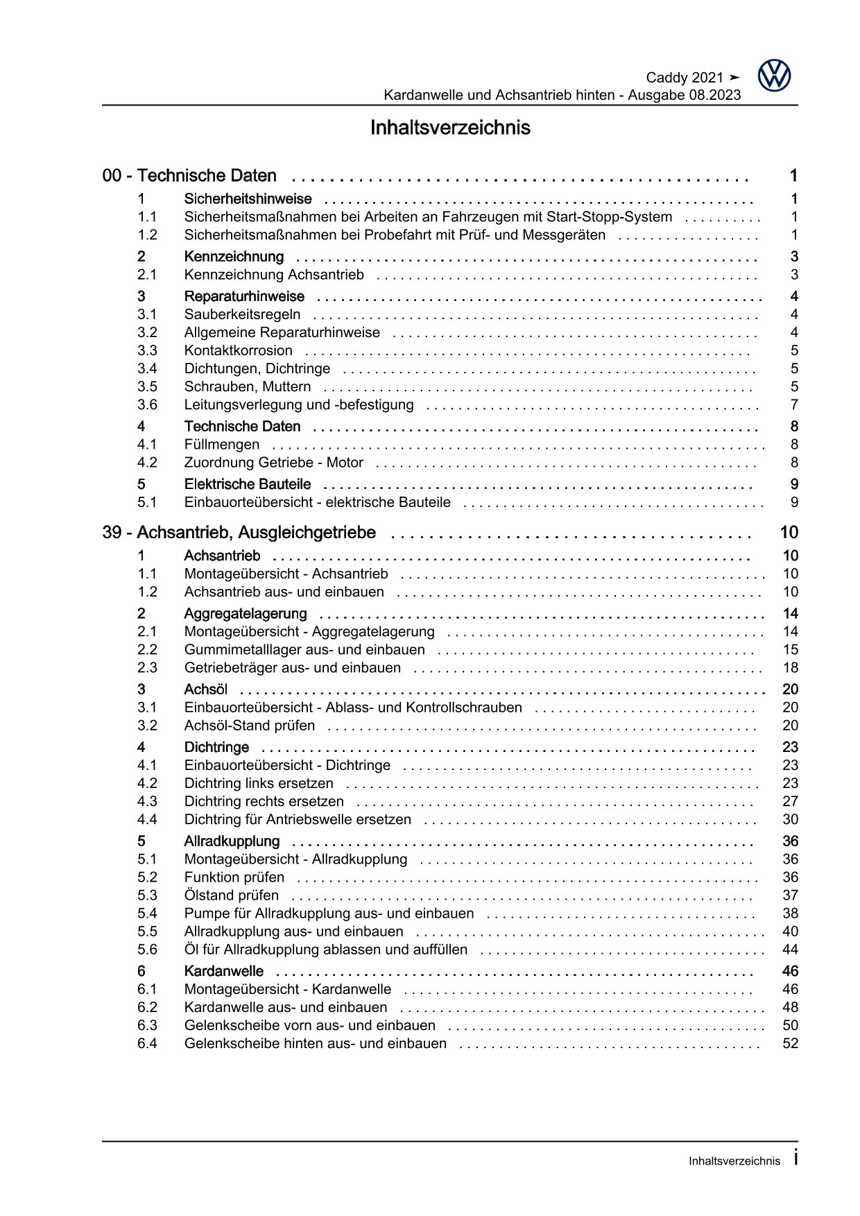 VW Caddy Typ SB ab 2020 Kardanwelle Achsantrieb hinten Reparaturanleitung eBook