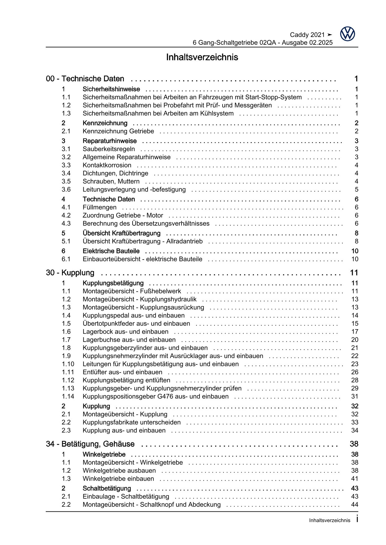 VW Caddy Typ SB ab 2020 6 Gang Schaltgetriebe 02Q AWD Reparaturanleitung eBook