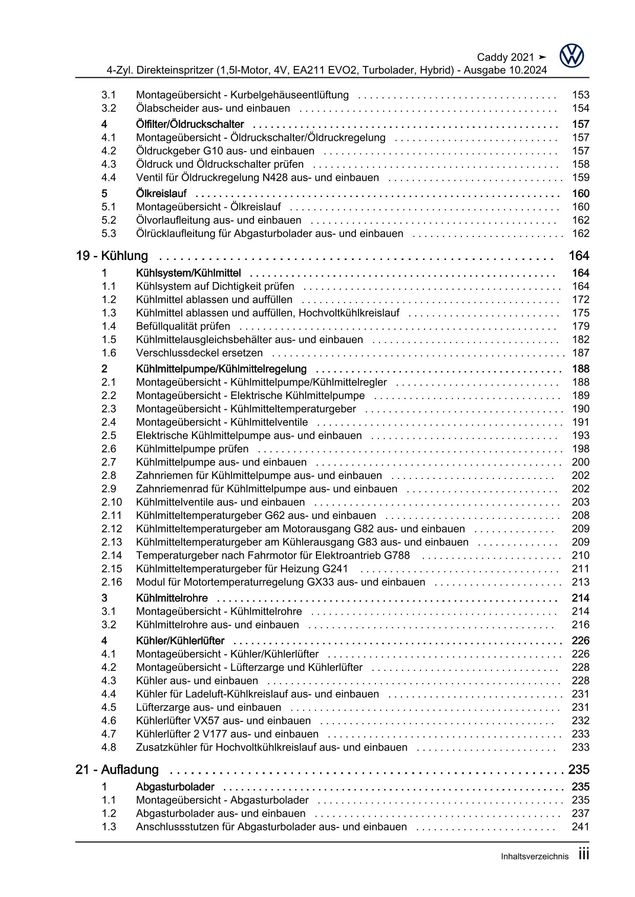 VW Caddy SB ab 2020 Benzinmotor Hybrid 1,5l 150-272 PS Reparaturanleitung eBook