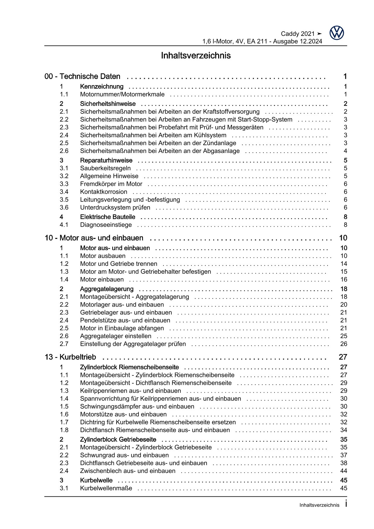 VW Caddy SB ab 2020 4-Zyl. Benzinmotor 1,6l 110 PS 4V Reparaturanleitung eBook
