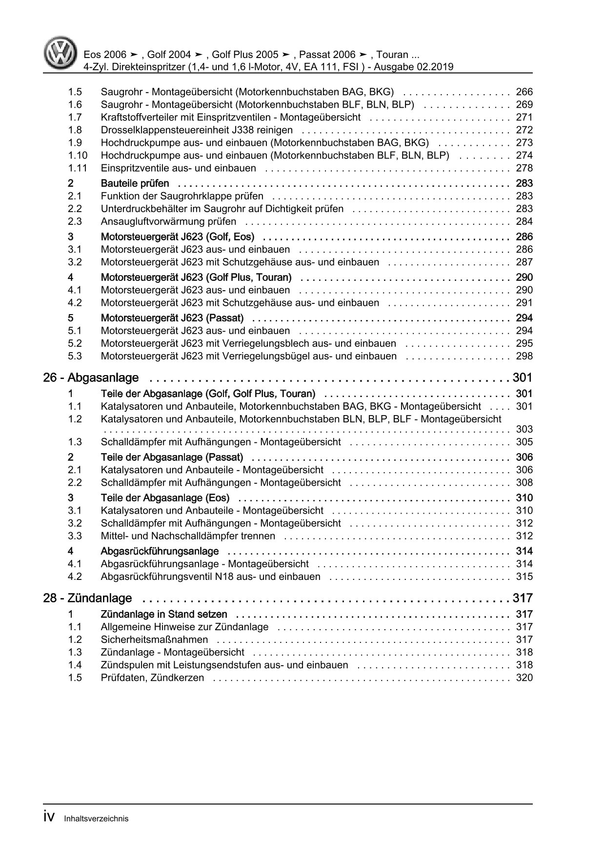 VW EOS Typ 1F 2006-2015 4-Zyl. Benzinmotor 90-116 PS Reparaturanleitung eBook