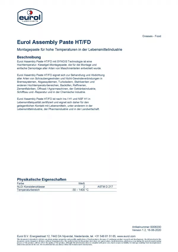 Eurol Montagepaste HT/FD - Produktinformationen