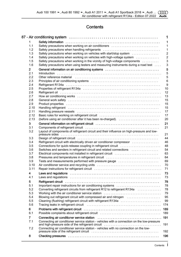 Audi A3 8L 1996-2006 air conditioning systems refrigerant R134a manual eBook