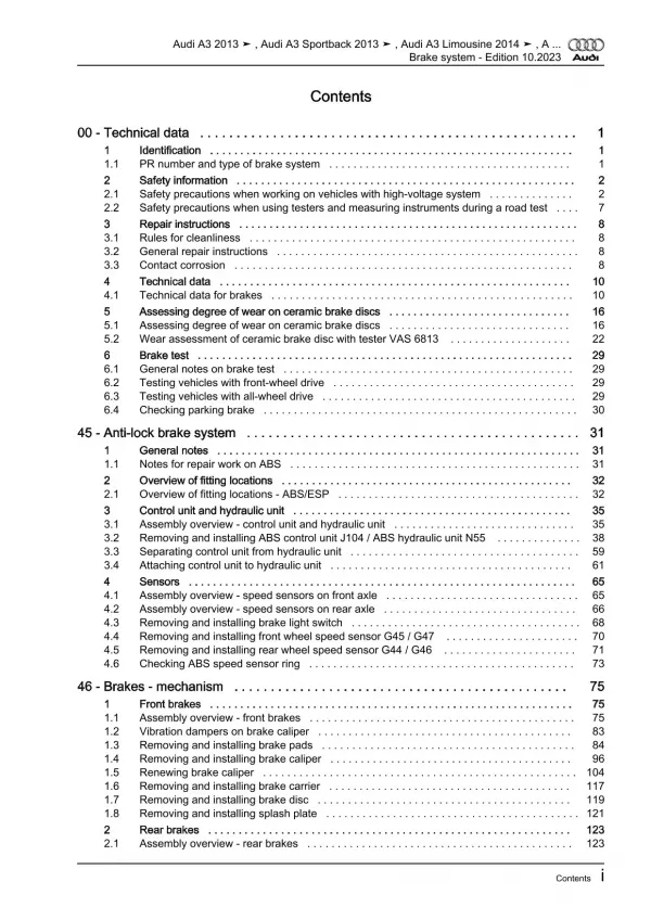 Audi A3 type 8V 2012-2020 brake systems repair workshop manual eBook pdf