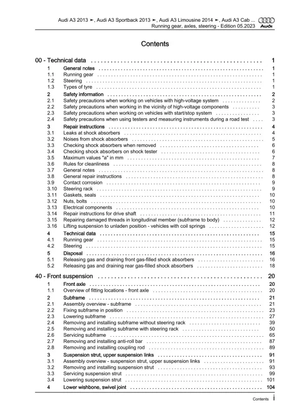 Audi A3 8V 2012-2020 running gear axles steering repair workshop manual eBook