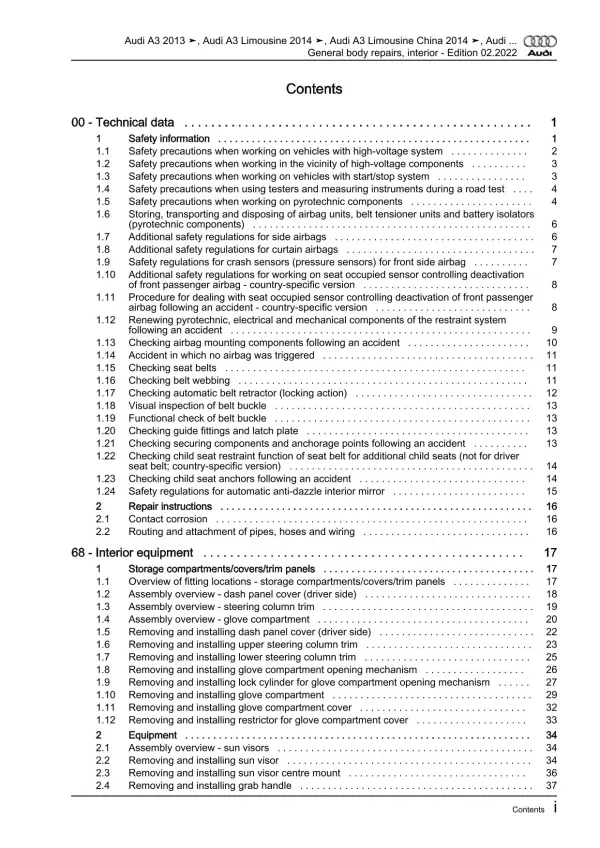 Audi A3 8V 2012-2020 general body repairs interior repair workshop manual eBook