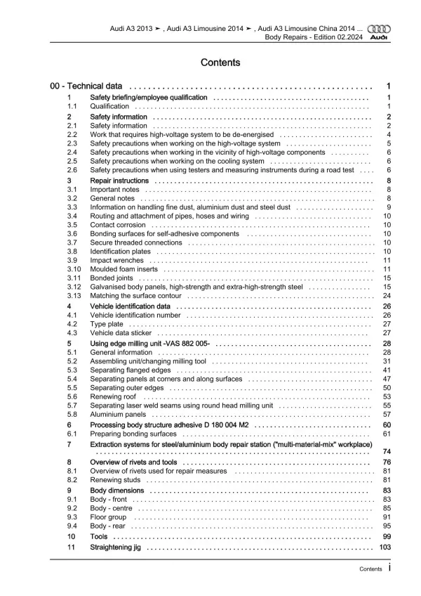 Audi A3 type 8V 2012-2020 body repairs workshop manual eBook pdf download