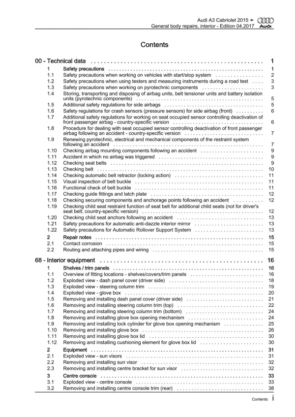 Audi A3 Cabrio 8V 2014-2020 general body repairs interior repair manual eBook