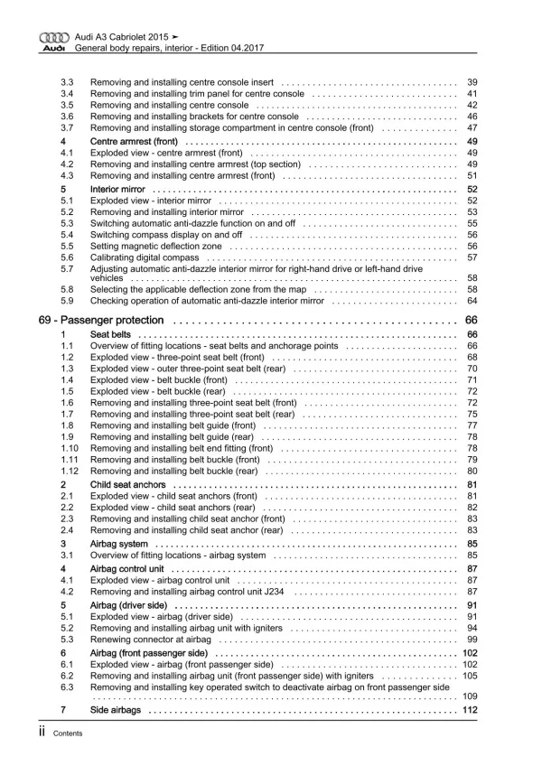 Audi A3 Cabrio 8V 2014-2020 general body repairs interior repair manual eBook