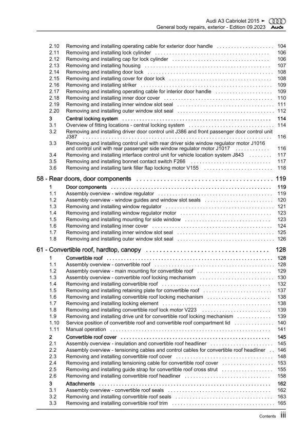 Audi A3 Cabrio 8V 2014-2020 general body repairs exterior repair manual eBook