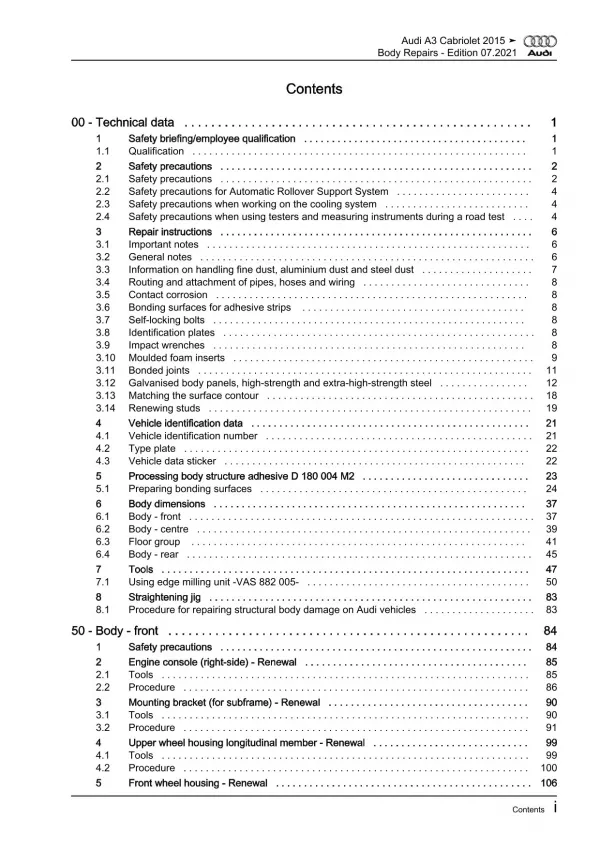 Audi A3 Cabrio type 8V 2014-2020 body repairs workshop manual eBook pdf download