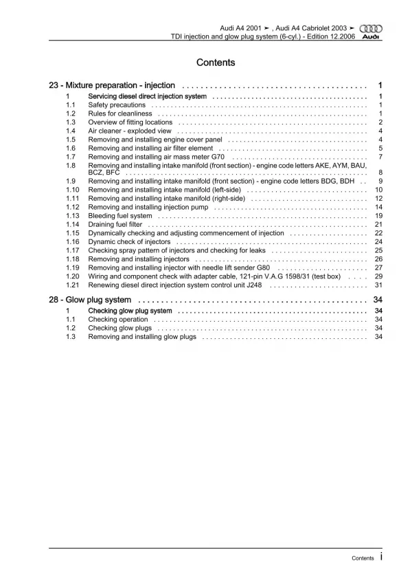 Audi A4 8E 2000-2008 direct injection glow plug system 2.5l repair manual eBook