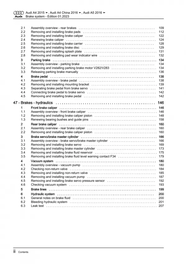 Audi A4 type 8W 2015-2019 brake systems repair workshop manual eBook pdf