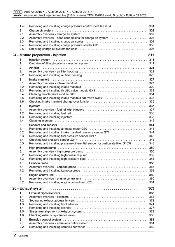 Audi A4 type 8W 2015-2019 petrol engines 150-204 hp repair workshop manual eBook