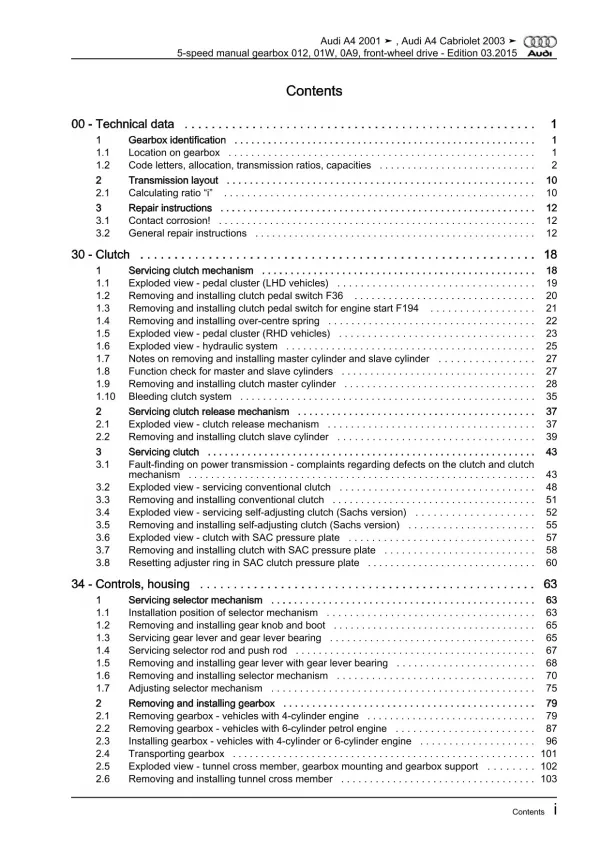 Audi A4 Cabrio 8H (02-09) 5 speed manual gearbox 012 01W 0A9 repair manual eBook