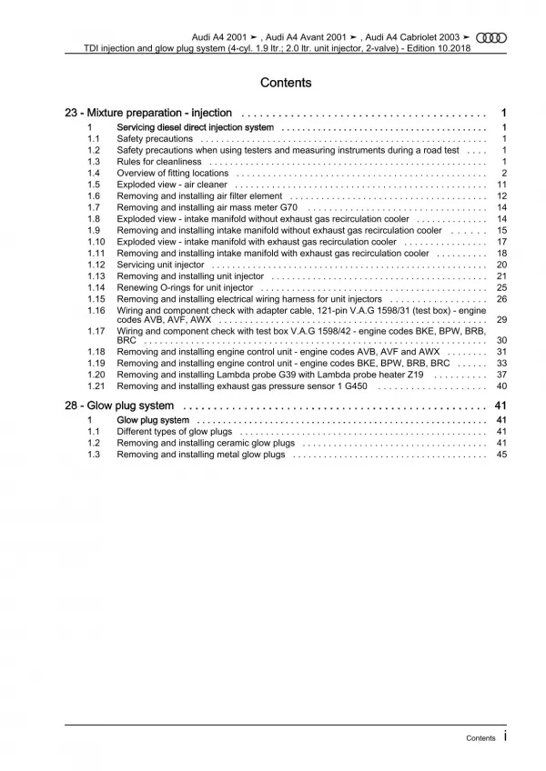 Audi A4 Cabrio (02-09) direct injection glow plug system 1.9l repair manual pdf