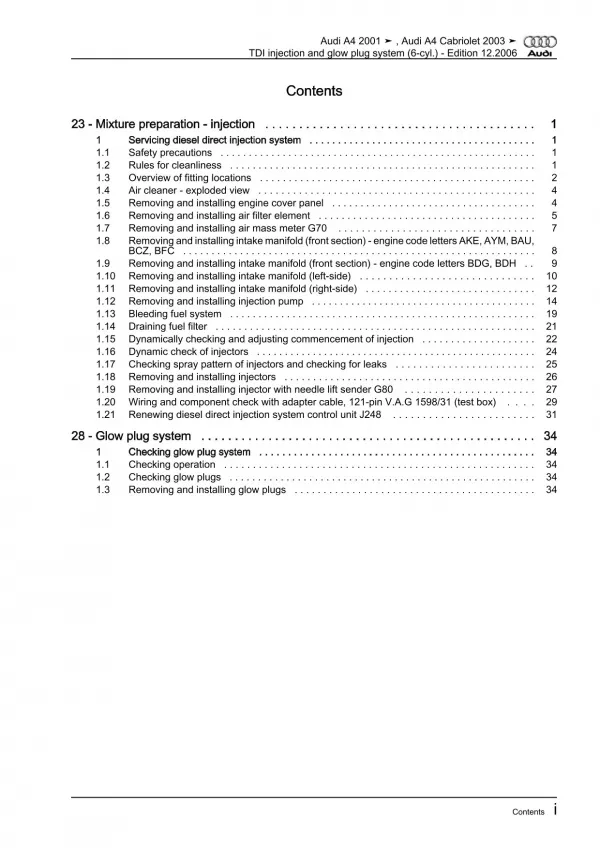 Audi A4 Cabrio (02-09) direct injection glow plug system 2.5l repair manual pdf