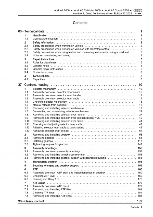 Audi A5 type 8T 2007-2016 multitronic automatic gearbox 0AW repair manual eBook