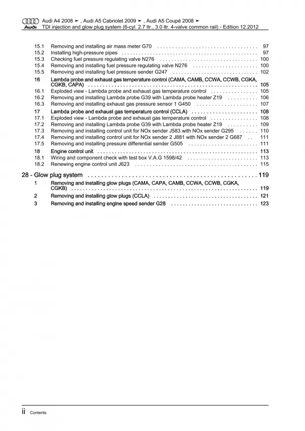 Audi A5 (07-16) 6-cyl. injection glow plug system injectors repair manual eBook