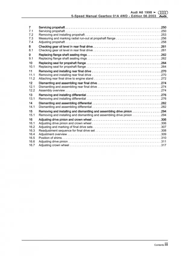 Audi A6 4B 1997-2005 5 speed manual gearbox 01A 4WD repair workshop manual eBook