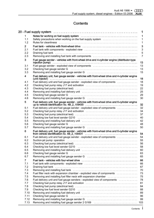 Audi A6 type 4B 1997-2005 fuel supply system diesel engines repair manual eBook