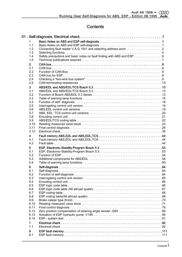 Audi A6 4B 1997-2005 running gear self-diagnosis ABS ESP repair manual eBook