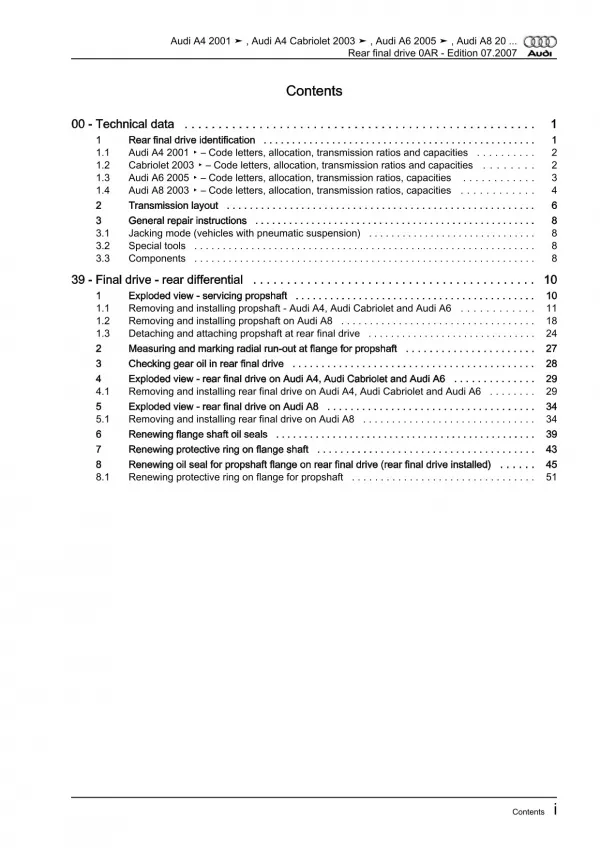 Audi A6 4F 2004-2011 propshaft rear final drive 0AR repair workshop manual eBook