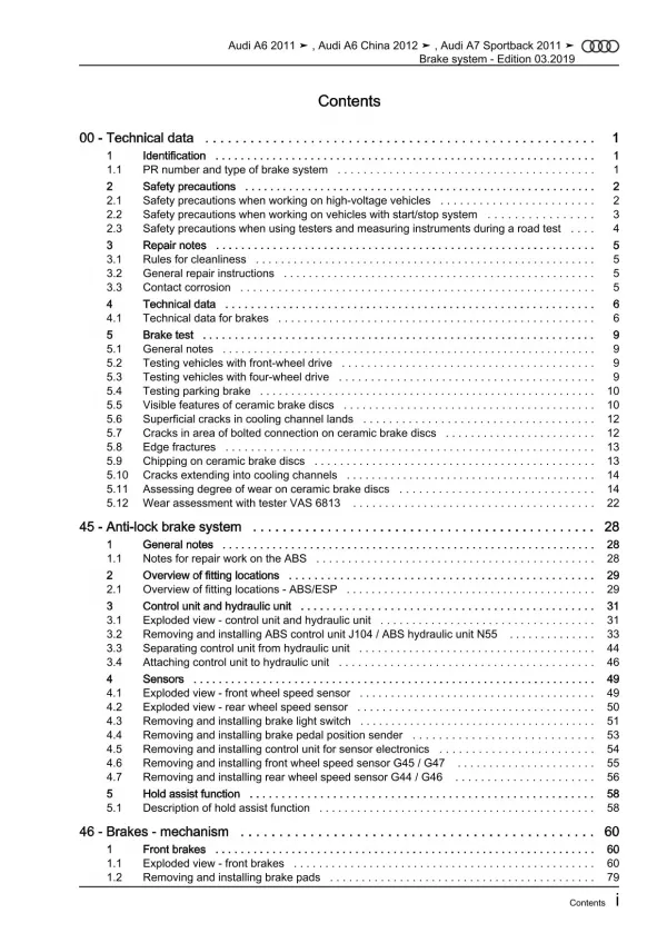 Audi A7 type 4G 2010-2018 brake systems repair workshop manual eBook pdf